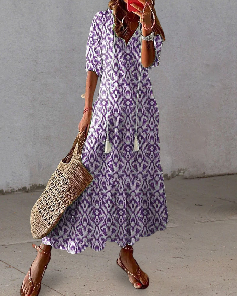 Diana - Boho Vintage V-Neck Printed Dress