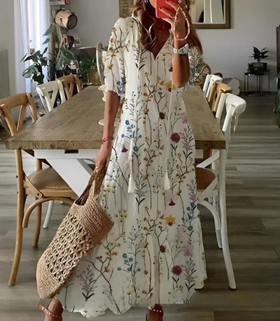 Diana - Boho Vintage V-Neck Printed Dress