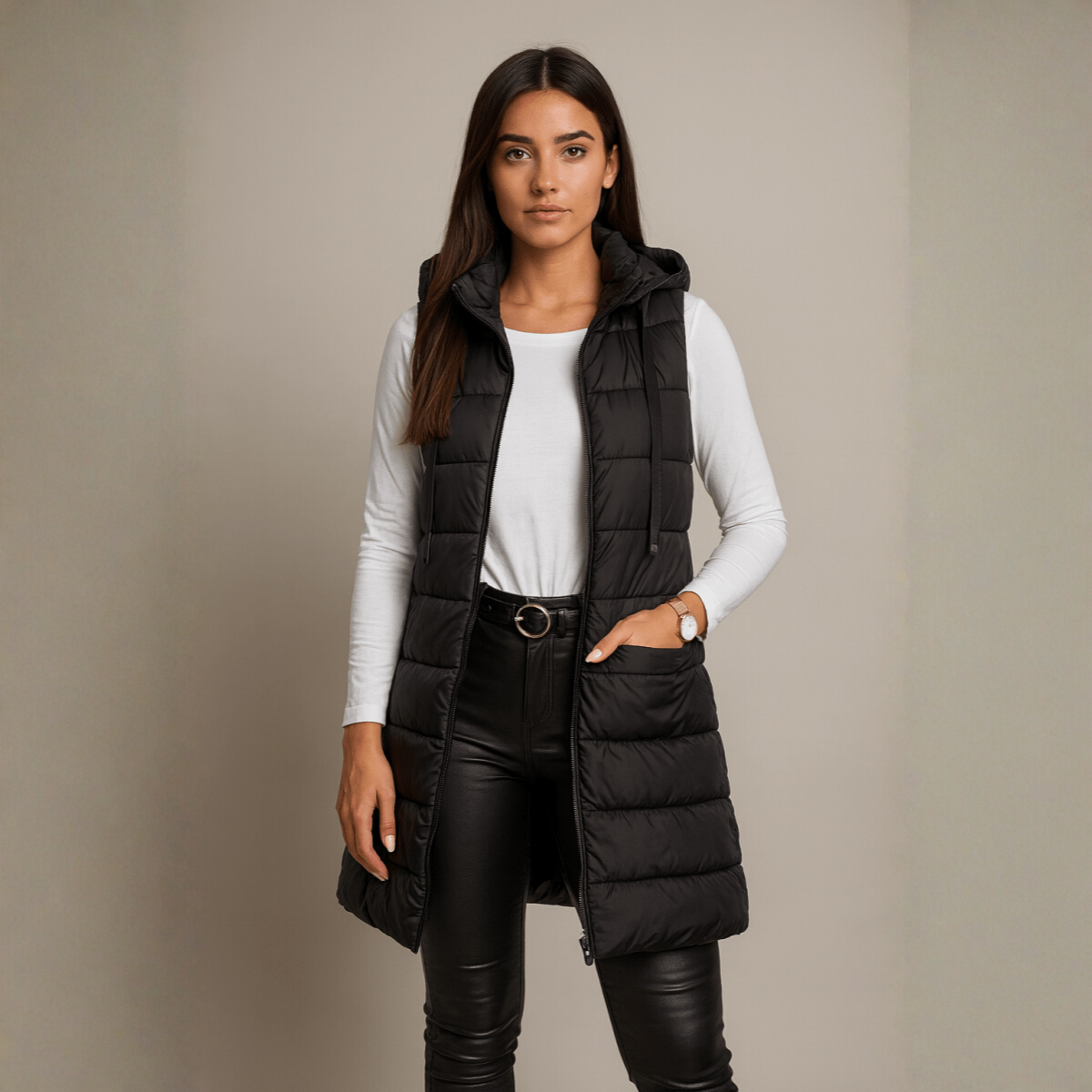ELENA | CASUAL SLEEVELESS HOODED LONG PUFFER VEST