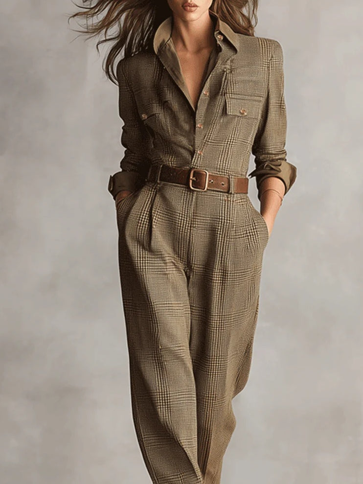 Barbara | Refined tweed texture checked utility jumpsuit
