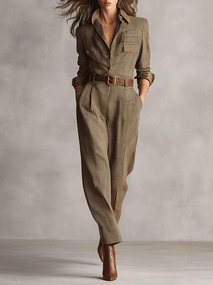 Barbara | Refined tweed texture checked utility jumpsuit