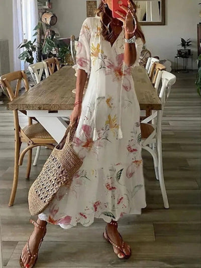 Diana - Boho Vintage V-Neck Printed Dress