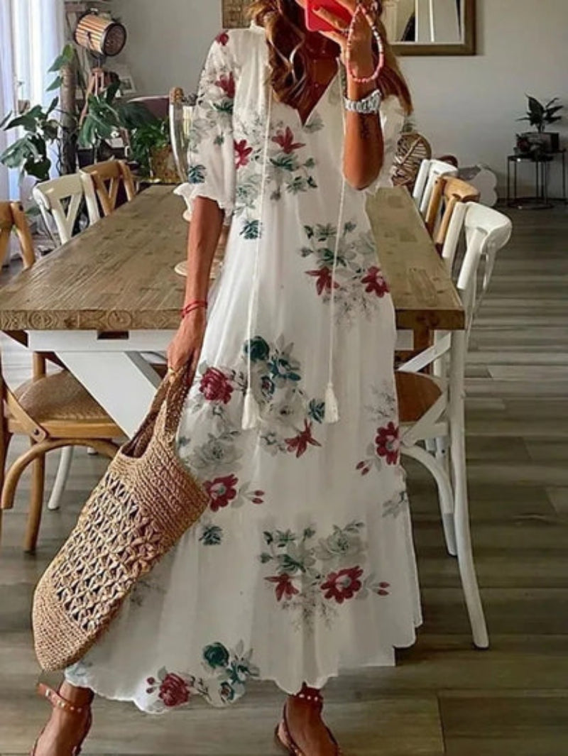 Diana - Boho Vintage V-Neck Printed Dress